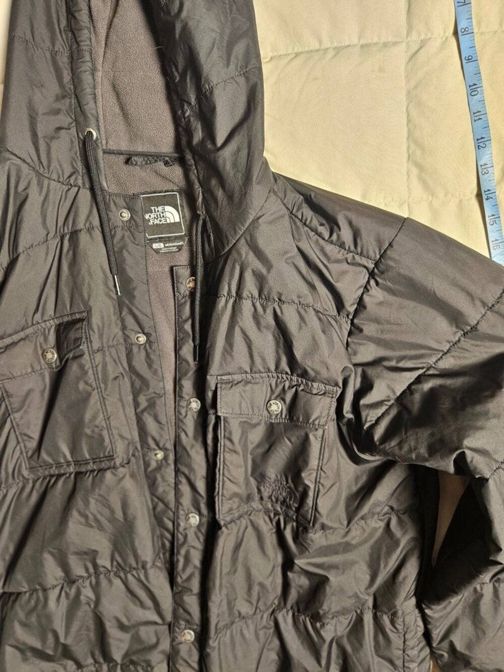 The North Face Hooded Puffer Jacket Mens L Black Snap Front Quilted Insulated
